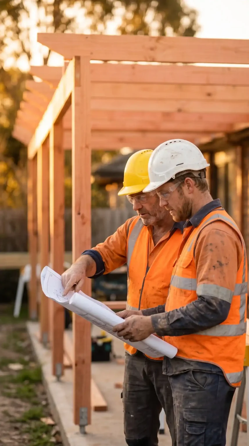Construction workers building a pergola in Cranbourne